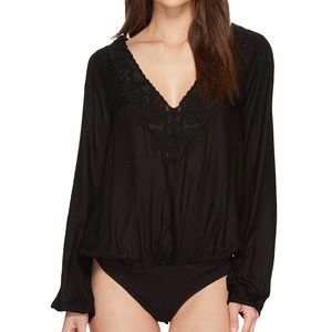NWT: NEVER WORN Free People Jezebel thong bodysuit in black with lace detail
